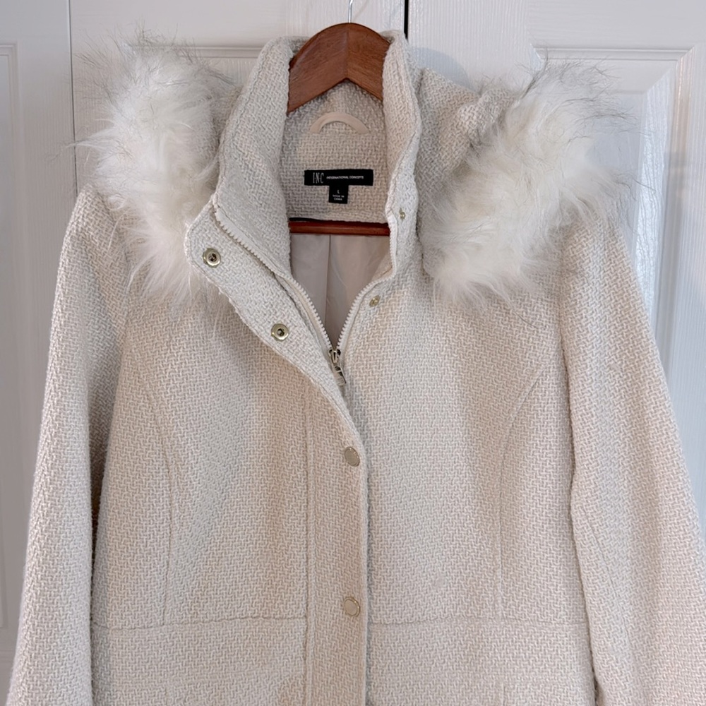 *LIKE NEW* Women's I.N.C International Concepts Cream Tweed Winter Coat - Size L - Picture 2 of 14